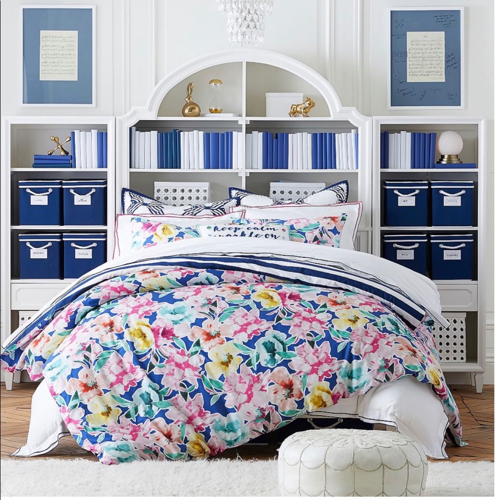 Pottery Barn Teen Watercolor Blooms Reversible Duvet Cover F/Q Bright Bl…